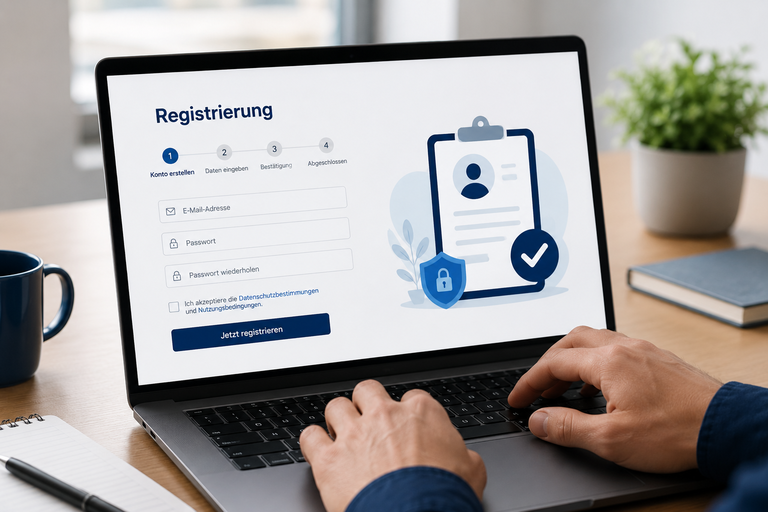 Ein Laptop-Bildschirm zeigt eine Registrierungsseite mit Formularfeldern zur Eingabe der E-Mail-Adresse und des Passworts sowie Symbolen zur Darstellung von Sicherheit und Erfolg.