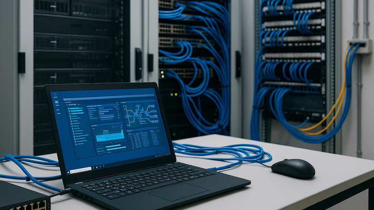Ein Laptop steht auf einem Tisch in einem Serverraum, umgeben von blauen Netzwerkkabeln und server racks.