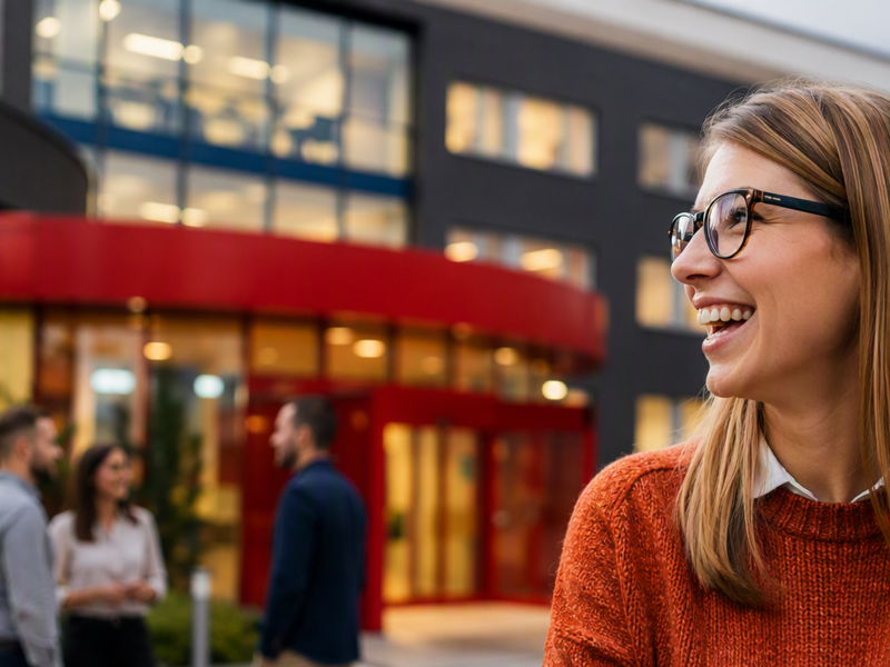 Eine lachende Frau mit Brille steht im Vordergrund vor einem modernen Bürogebäude mit Menschen, die im Hintergrund im Gespräch sind.