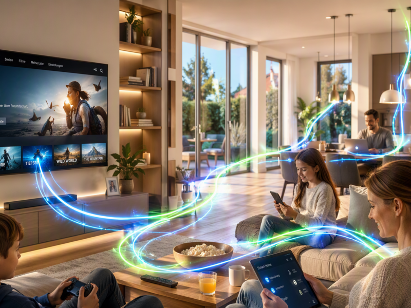 Eine Familie nutzt elektronische Geräte in einem modernen Wohnzimmer, während ein großer Fernseher ein Filmmenü anzeigt und bunte Lichtspuren die Technologie und Konnektivität symbolisieren.