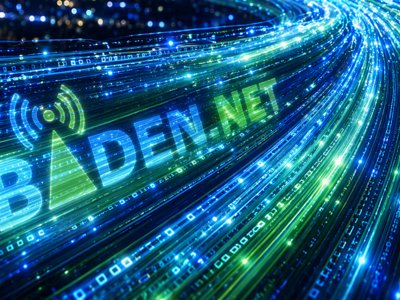 Leuchtendes BADEN.NET Logo mit Lichtstrahlen in Blau- und Grüntönen verlaufen geschwungen durch ein digitales Umfeld schneller Datenflüsse.