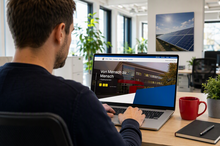 Ein Mann sitzt an einem Schreibtisch in einem Büro und arbeitet an einem Laptop, auf dessen Bildschirm eine Webseite mit dem Titel "Von Mensch zu Mensch" angezeigt wird; im Hintergrund ist ein Foto von Solarpaneelen zu sehen.