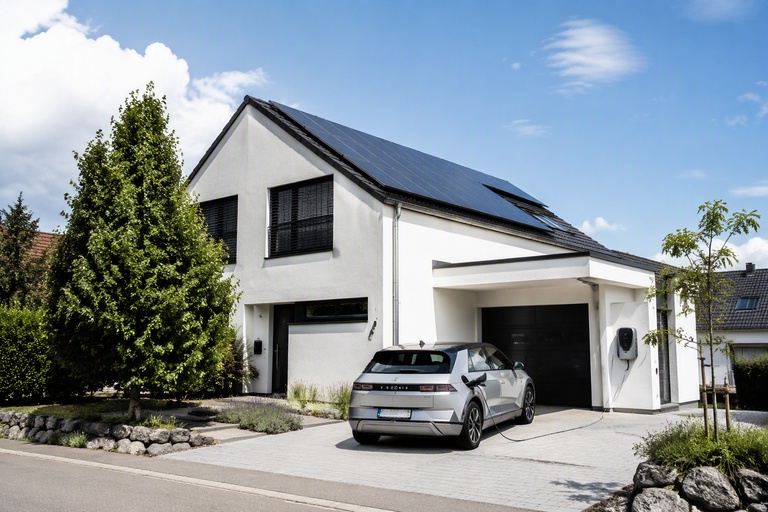 Ein modernes weißes Haus mit Solarpanelen auf dem Dach hat ein Elektroauto in der Einfahrt, das an eine Ladestation angeschlossen ist.