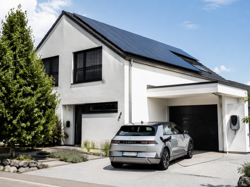 Ein modernes weißes Haus mit Solarpanelen auf dem Dach hat ein Elektroauto in der Einfahrt, das an eine Ladestation angeschlossen ist.