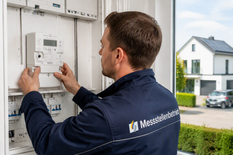 Ein Mann, der eine Jacke mit der Aufschrift "Messstellenbetrieb" trägt, installiert oder wartet ein Messgerät in einem Schaltkasten; im Hintergrund ist ein modernes Wohnhaus zu sehen.