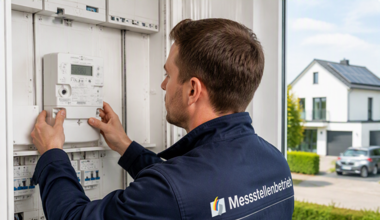 Ein Mann, der eine Jacke mit der Aufschrift "Messstellenbetrieb" trägt, installiert oder wartet ein Messgerät in einem Schaltkasten; im Hintergrund ist ein modernes Wohnhaus zu sehen.