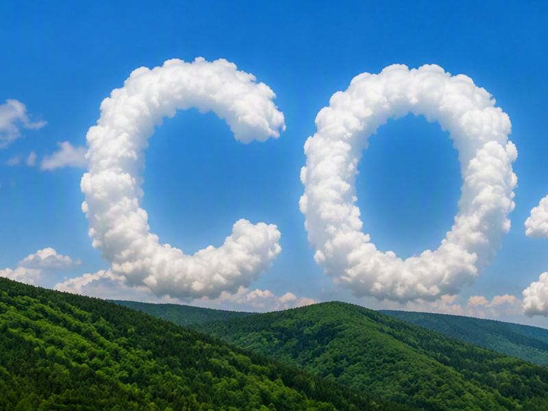 Ein blauer Himmel ist mit weißen Wolken bedeckt, die das chemische Symbol "CO₂" über einer grünen Landschaft formen.