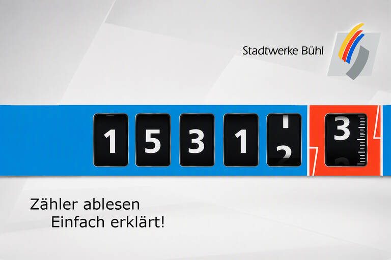 Eine blaue und rote Tafel zeigt die Zahlen 15313 und das Logo der Stadtwerke Bühl.
