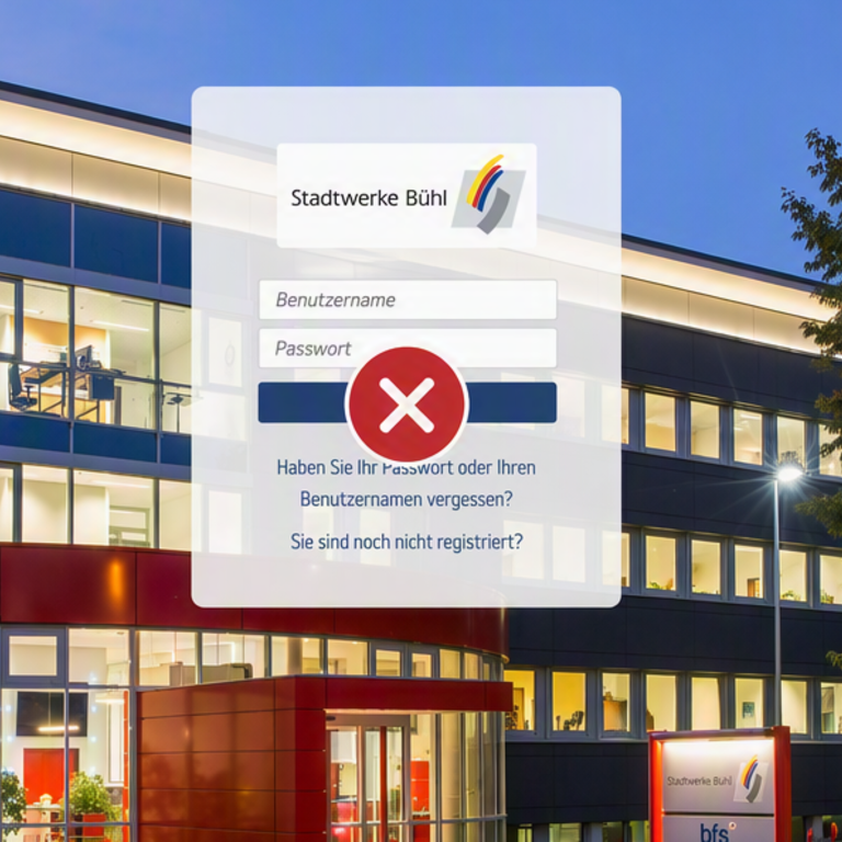 Ein modernes Bürogebäude bei Abenddämmerung mit einem hervorgehobenen Anmeldefenster der "Stadtwerke Bühl" im Vordergrund.
