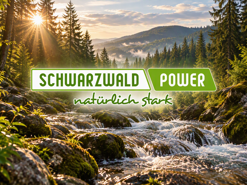 Ein klarer Bach fließt durch einen dichten Tannenwald im Sonnenuntergang, mit dem Text "Schwarzwald Power natürlich stark" in der Mitte.