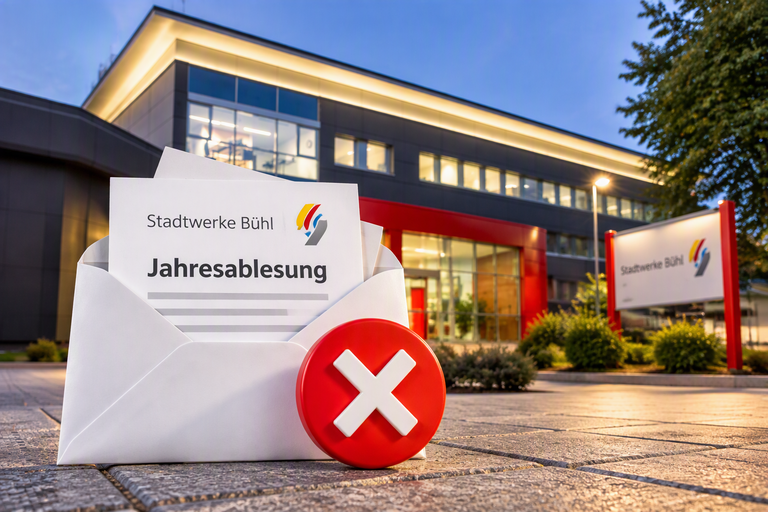 Ein Umschlag mit der Aufschrift "Jahresablesung" und einem großen roten Kreuz liegt vor einem beleuchteten Bürogebäude der Stadtwerke Bühl.