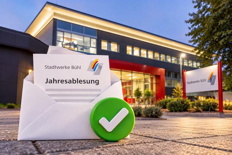 Ein Brief mit der Aufschrift "Stadtwerke Bühl Jahresablesung" liegt vor einem modernen Bürogebäude, das nachts beleuchtet ist, mit einem grünen Häkchen-Symbol daneben.