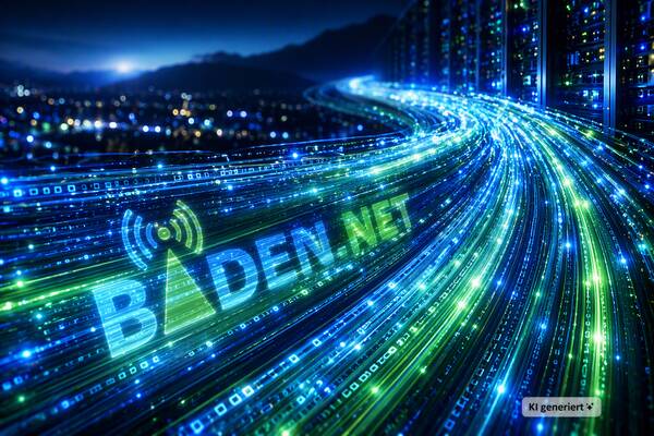 Leuchtendes BADEN.NET Logo mit Lichtstrahlen in Blau- und Grüntönen verlaufen geschwungen durch ein digitales Umfeld schneller Datenflüsse.