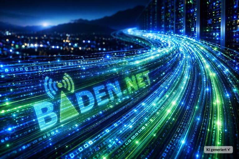 Leuchtendes BADEN.NET Logo mit Lichtstrahlen in Blau- und Grüntönen verlaufen geschwungen durch ein digitales Umfeld schneller Datenflüsse.