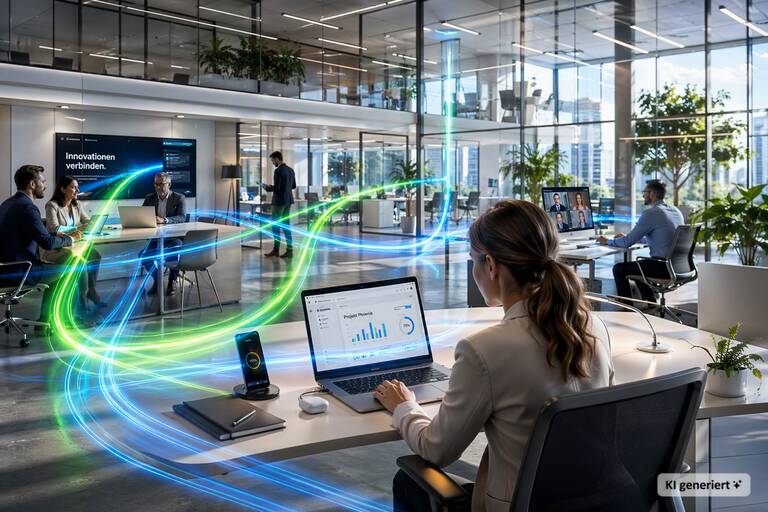 In einem modernen Büro mit Glaswänden und Pflanzen arbeiten mehrere Personen an Computern, während eine Frau im Vordergrund Diagramme auf ihrem Laptop betrachtet und bunte Lichtspuren durch den Raum fließen.