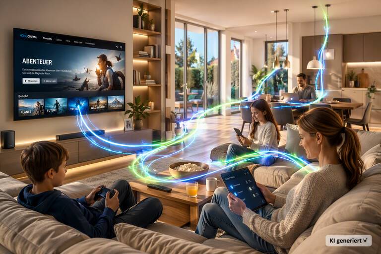 Eine Familie nutzt elektronische Geräte in einem modernen Wohnzimmer, während ein großer Fernseher ein Filmmenü anzeigt und bunte Lichtspuren die Technologie und Konnektivität symbolisieren.
