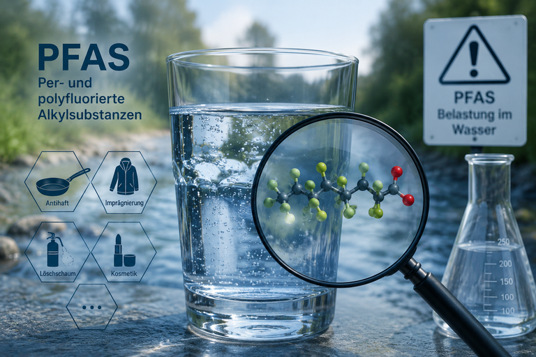 Ein Glas Wasser steht in einem Fluss neben einem Warnschild für PFAS-Belastung, während eine Lupe die chemische Struktur von PFAS zeigt und Symbole deren Anwendungen darstellen.