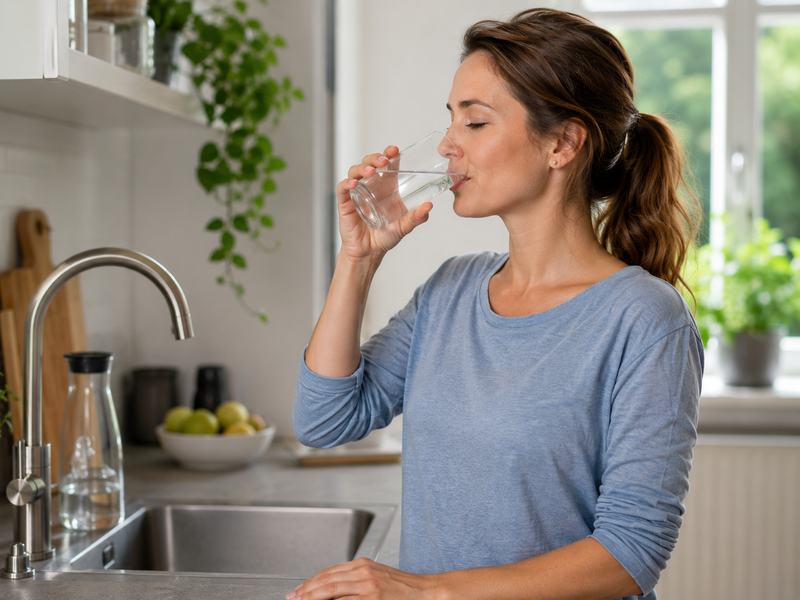 Eine Frau in einem blauen Oberteil trinkt ein Glas Wasser in einer modernen Küche.