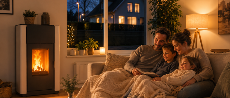 Eine Familie sitzt gemütlich auf einem Sofa, eingehüllt in eine Decke, während ein Kamin brennt und eine warme, einladende Atmosphäre erzeugt.