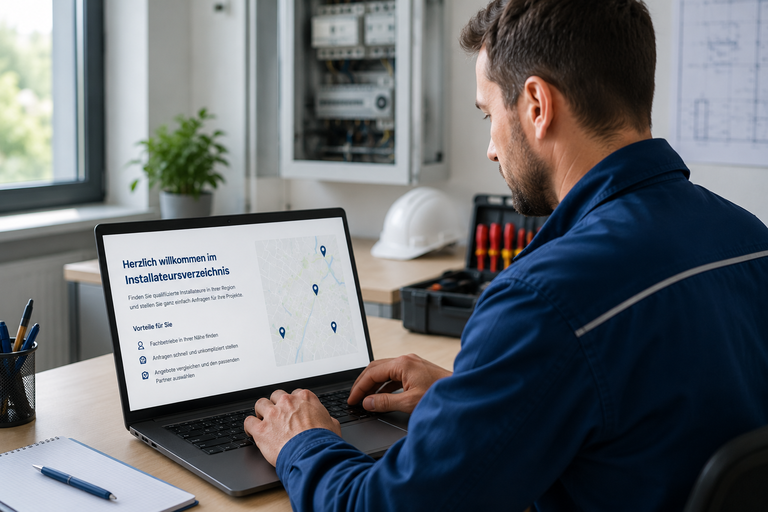 Ein Mann in Arbeitskleidung sitzt an einem Schreibtisch und arbeitet am Laptop, auf dessen Bildschirm ein Installateursverzeichnis angezeigt wird.