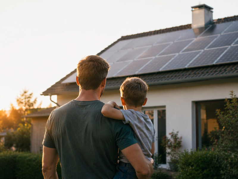 Ein Mann mit einem Kind auf dem Arm schaut auf ein modernes Haus mit Solarpaneelen auf dem Dach im Sonnenuntergang.