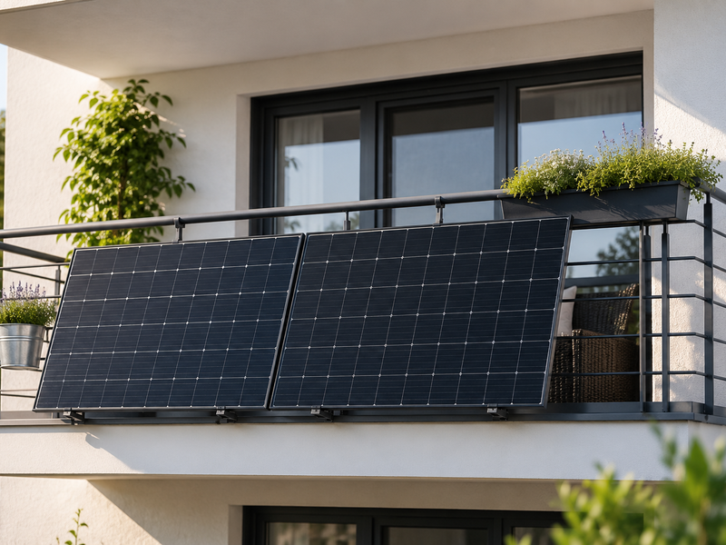 Ein Balkon ist mit zwei Solarpanelen und Blumenkästen geschmückt.