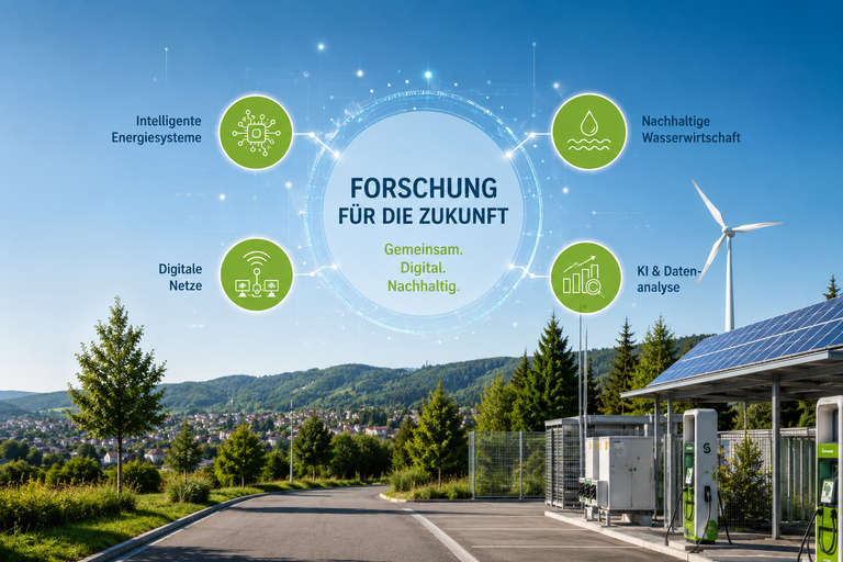 Das Bild zeigt eine Landschaft mit einem Windrad und Solaranlagen, begleitet von Symbolen und Texten zu Themen wie intelligente Energiesysteme und nachhaltige Wasserwirtschaft, die auf Forschung für die Zukunft hinweisen.