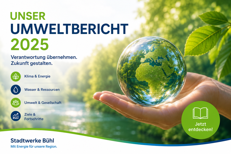 Das Bild zeigt den Titel "Unser Umweltbericht 2025" mit einer Hand, die eine gläserne Erdkugel hält, umgeben von grüner Natur.