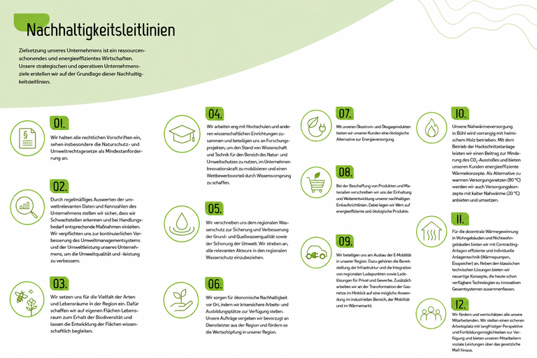 Das Bild zeigt eine Liste von zwölf Nachhaltigkeitsleitlinien eines Unternehmens, dargestellt mit Symbolen und kurzen Texten zu Themen wie Umweltvorschriften, Wassernutzung, regionale Biodiversität und erneuerbare Energien.