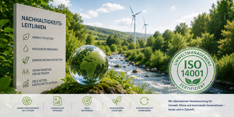 Ein Bild zeigt eine grüne Landschaft mit Windkraftanlagen, einem Fluss und einem Plastikmodell der Erde, begleitet von einem Schild mit Nachhaltigkeitsleitlinien und einem ISO 14001-Zertifizierungsstempel für Umweltmanagement.