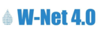 Das Bild zeigt den Schriftzug "W-Net 4.0" in blauer Farbe, wobei das "W" als Tropfen mit binären Ziffern gestaltet ist.