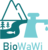 Das Bild zeigt ein Logo mit einem stilisierten Berg und Fluss, einem Wasserhahn-Symbol und einem Fisch mit dem Text "BioWaWi".